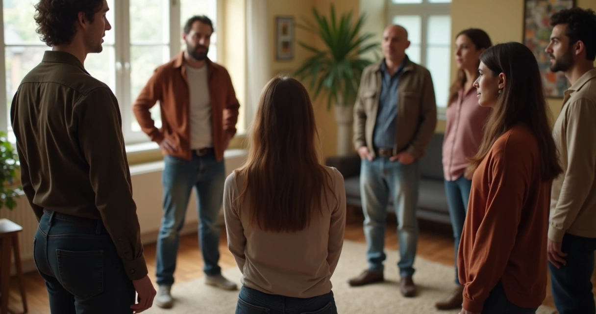 Grupo em círculo participando de constelação sistêmica, pessoas de diferentes idades em ambiente acolhedor 