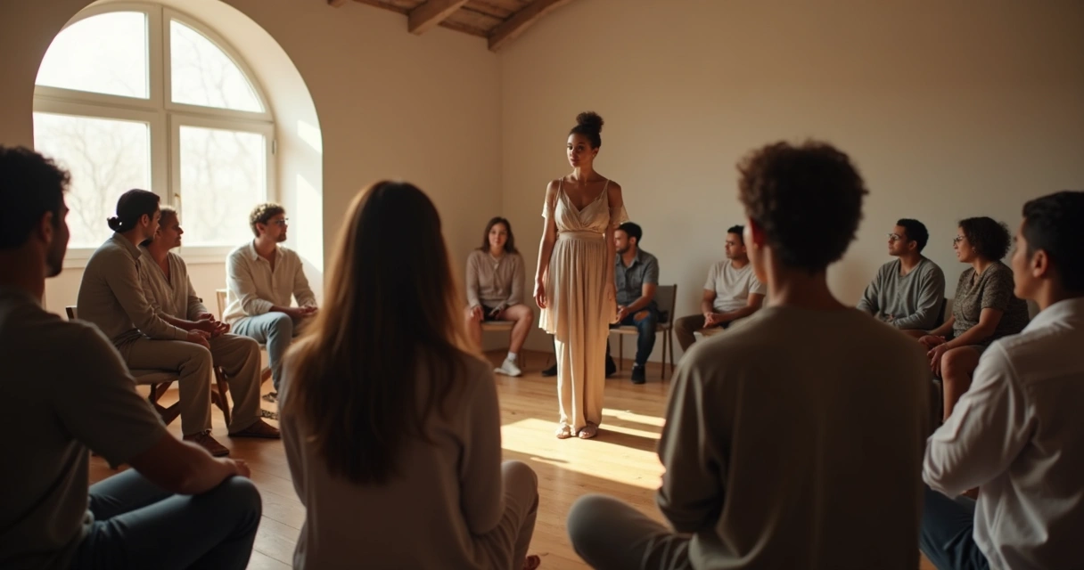 Pessoas de diferentes idades em círculo participando de dinâmica de constelação sistêmica 