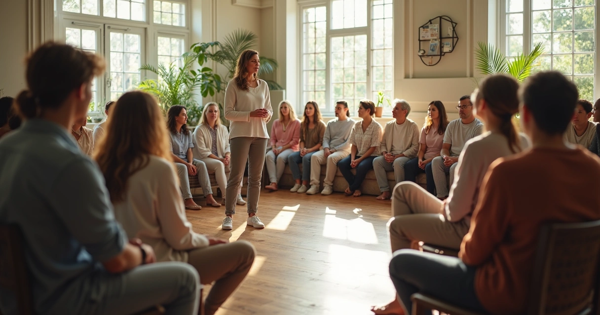Pessoas participando de uma constelação sistêmica em círculo, com uma facilitadora ao centro.