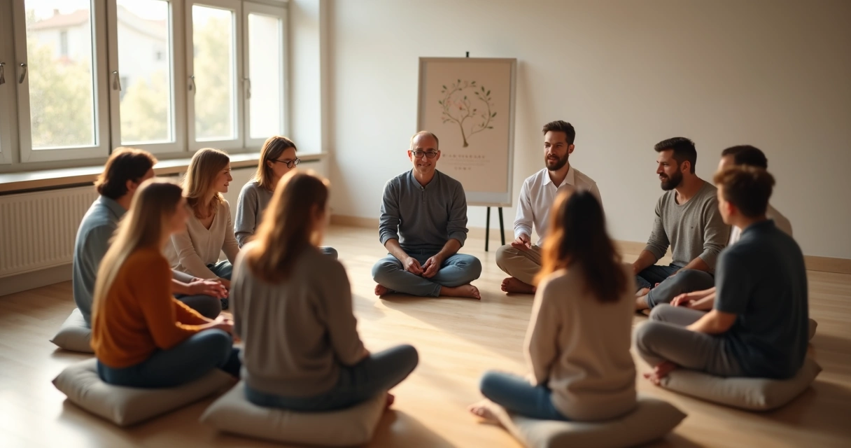 Grupo em círculo participando de constelação sistêmica com facilitador ao centro 