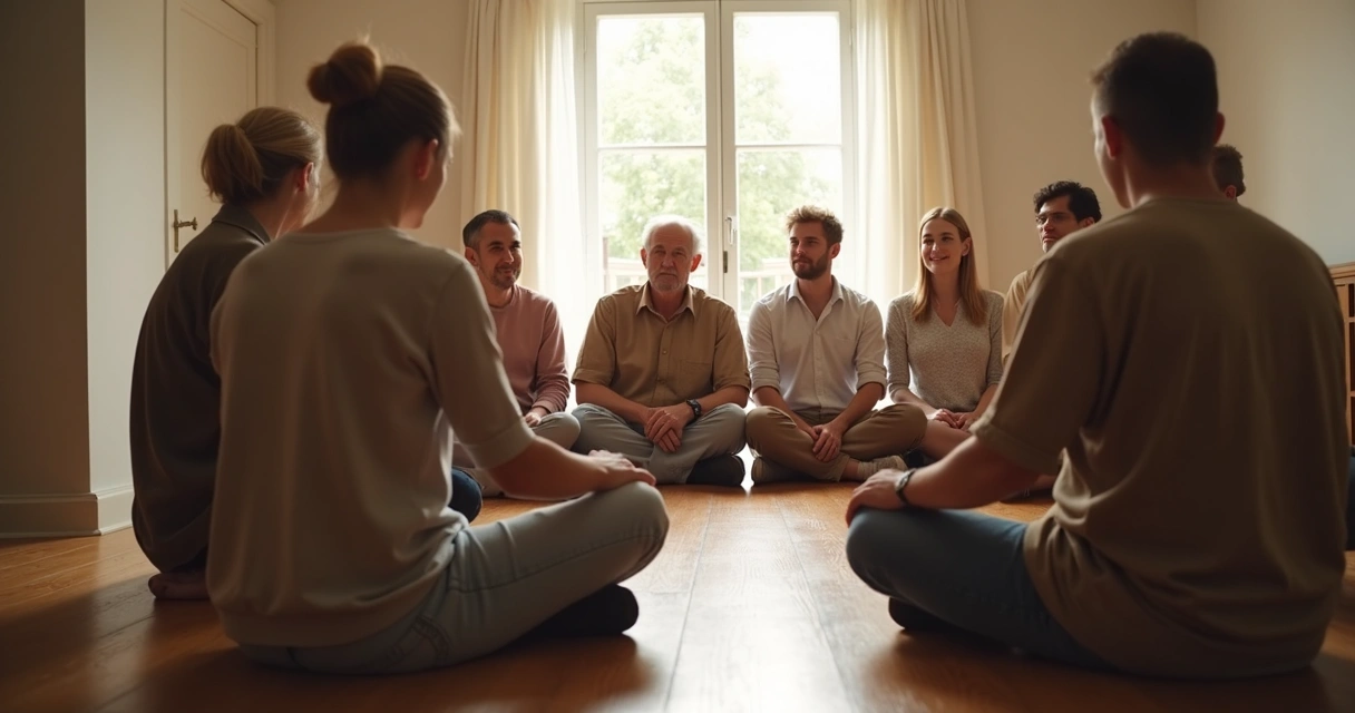 Grupo de pessoas participando de constelação terapêutica em círculo, com foco na expressão corporal 