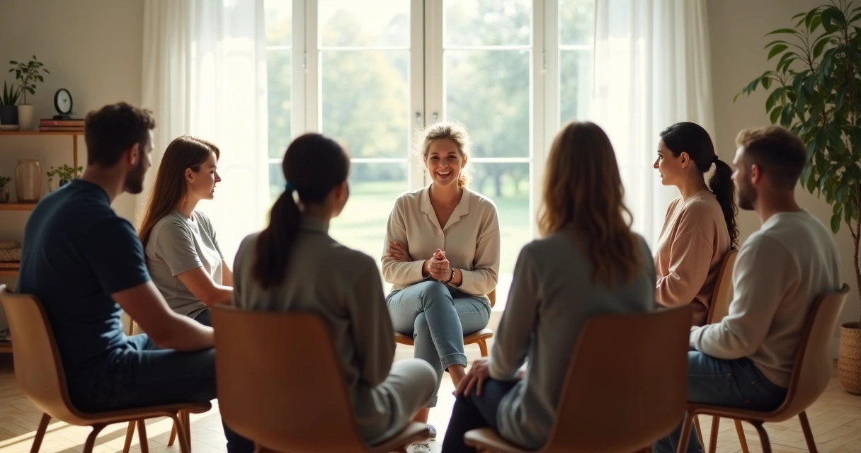 Facilitador conduzindo grupo em terapia de constelação em sala iluminada 