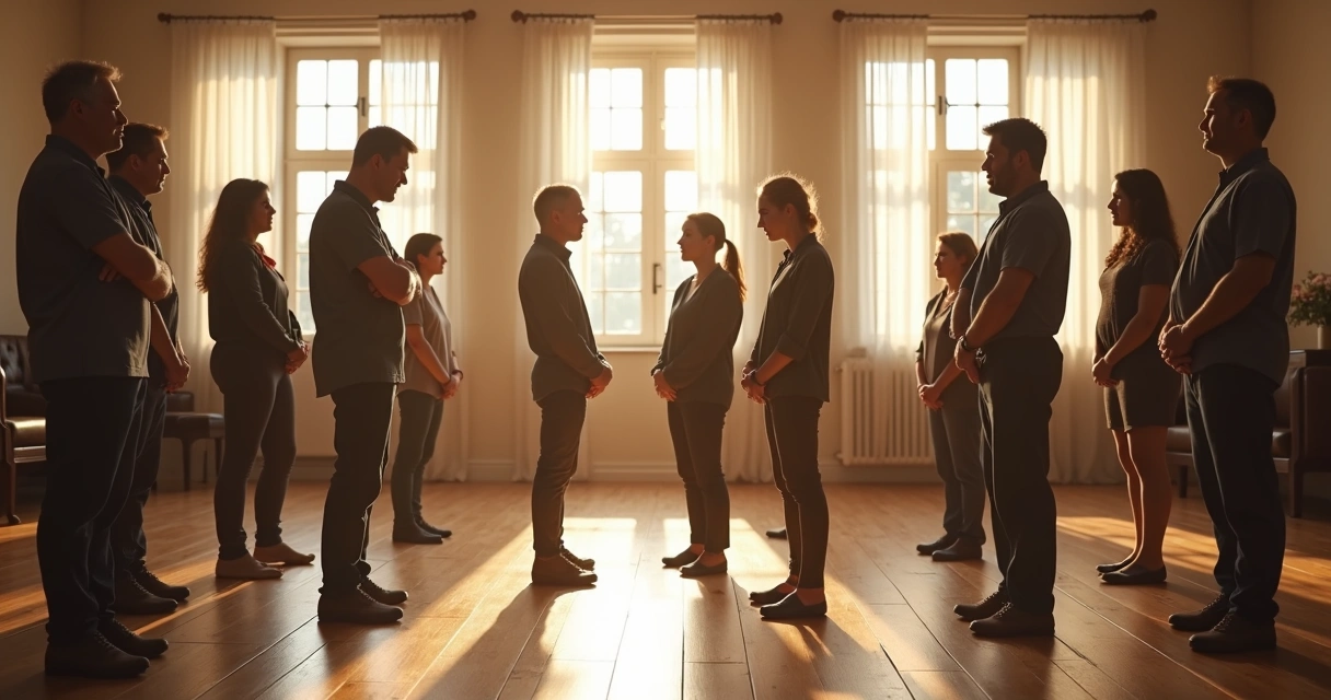 Personas en círculo participando en una constelación familiar grupal 