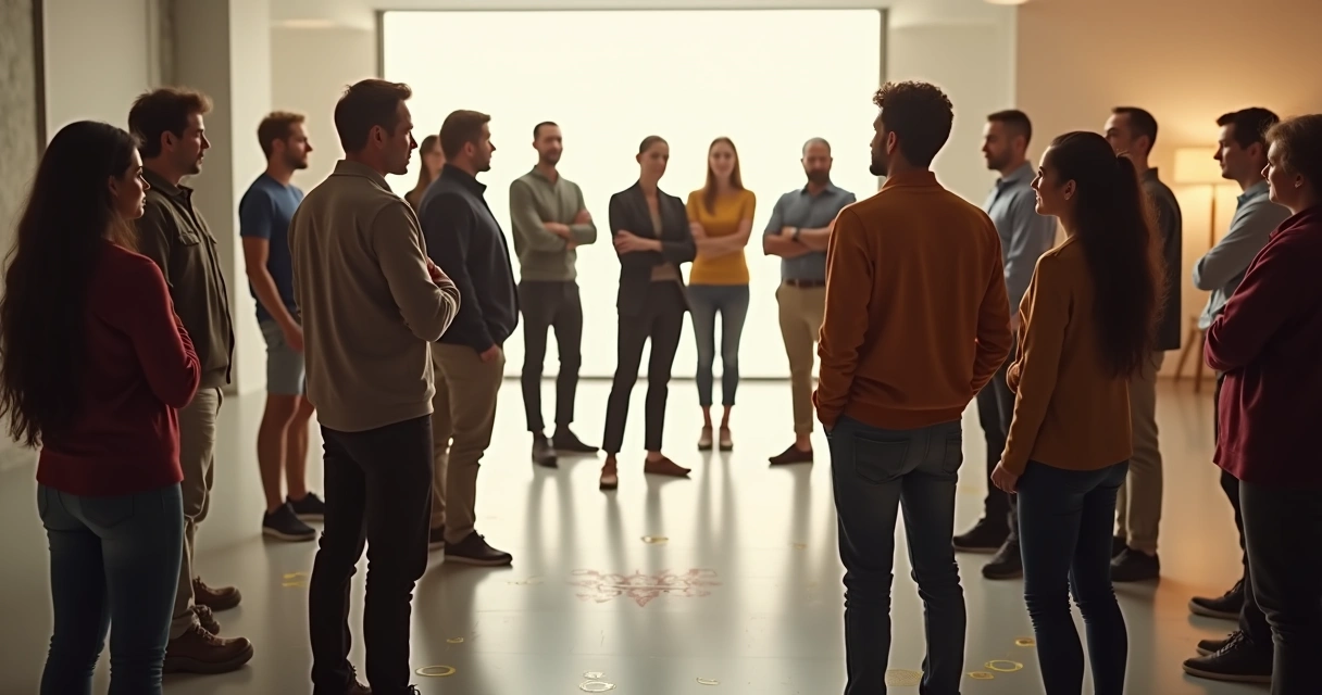 Personas de pie formando un círculo, participando en una sesión de constelación sistémica 