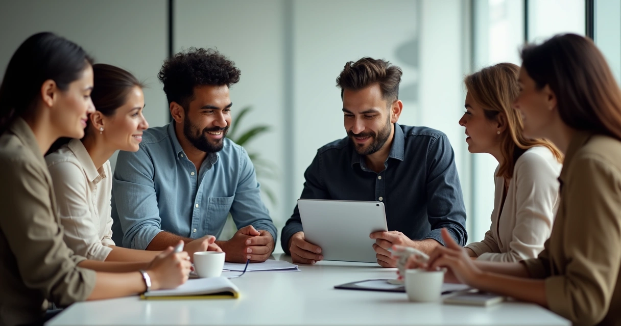 Grupo de consumidores diversos em sala de reunião, analisando um produto inovador 