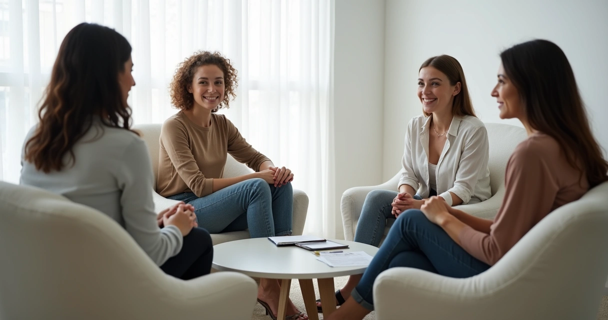 Quatro pessoas sentadas em círculo conversando em ambiente fechado