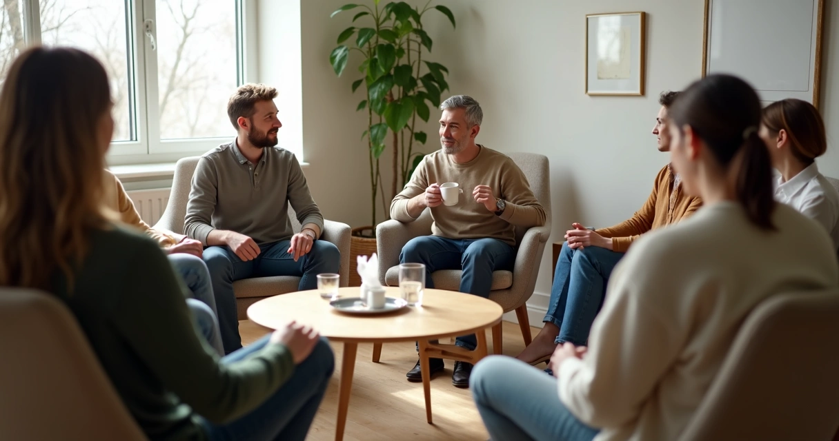 Pessoas sentadas em círculo conversando em ambiente acolhedor e seguro 