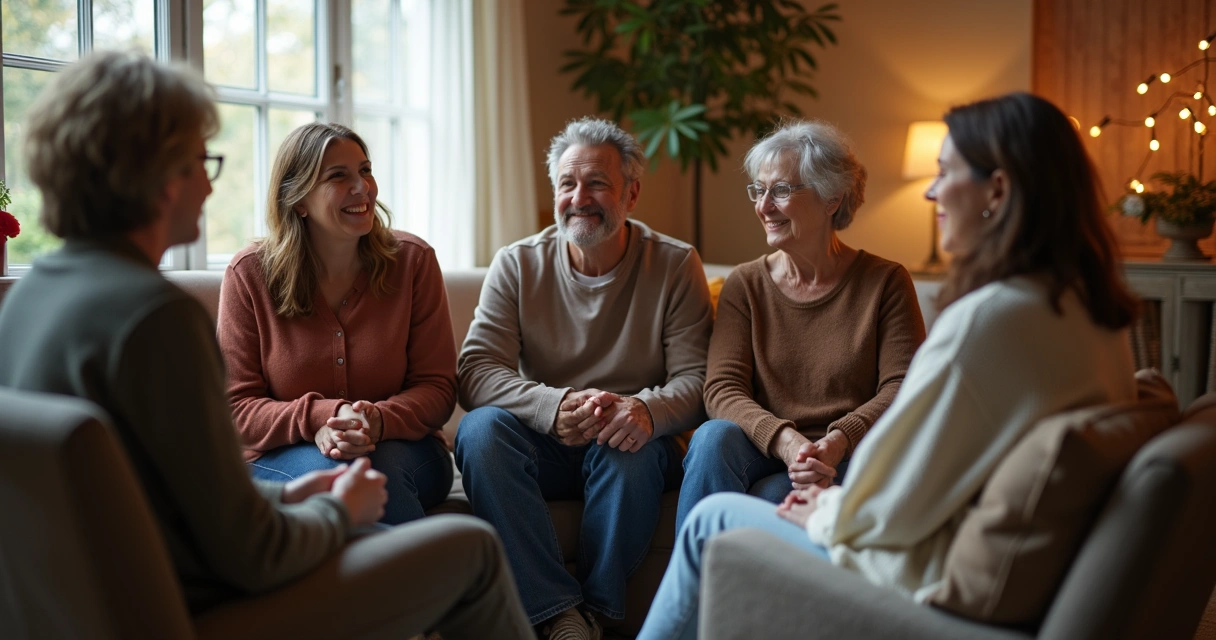 Grupo de pessoas sentadas em círculo conversando em ambiente aconchegante 