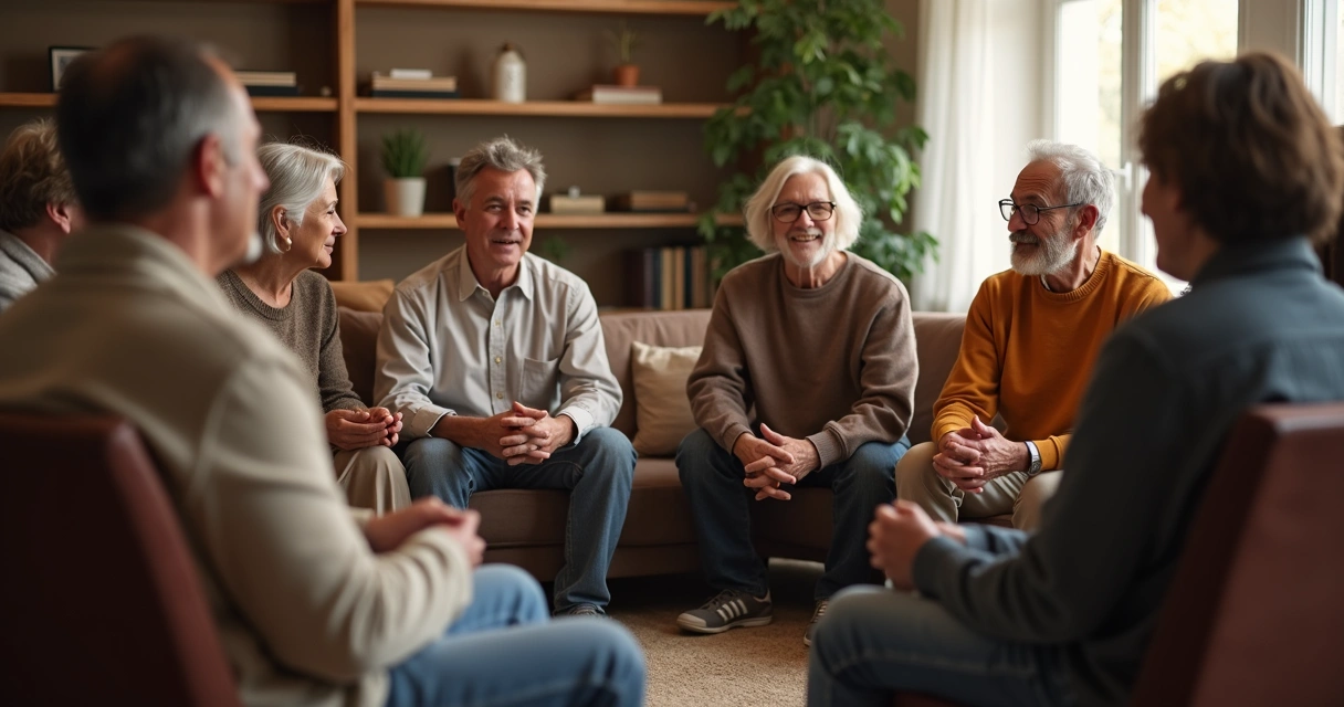 Grupo de pessoas em roda conversando com expressão acolhedora 