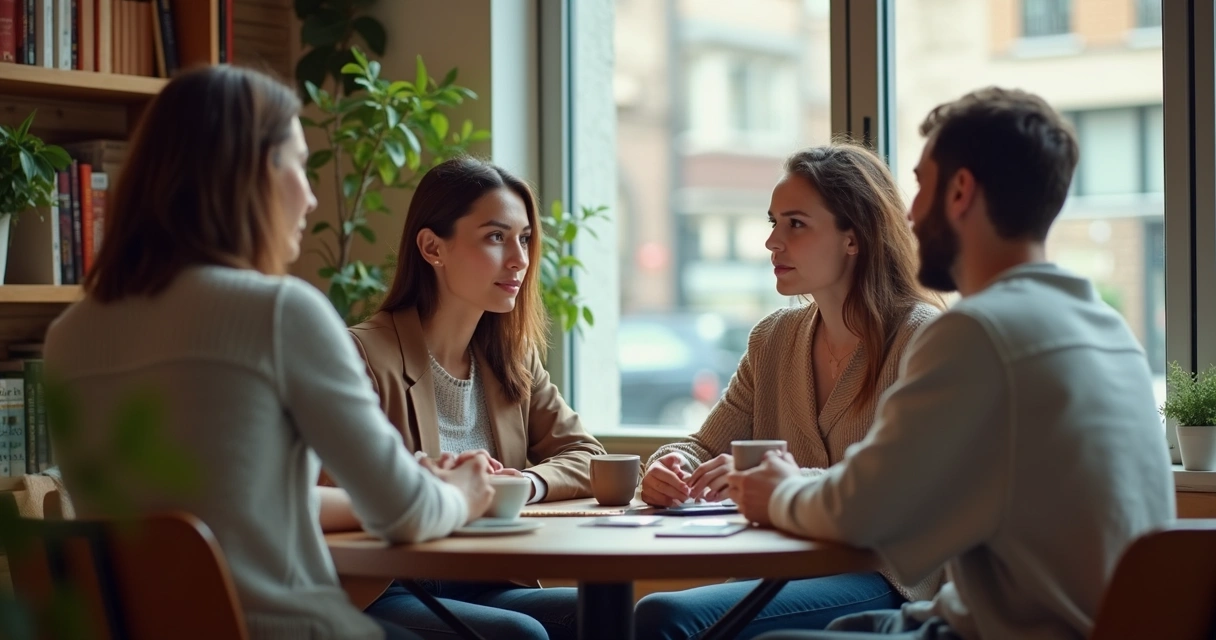 Grupo de amigos conversando em mesa de café