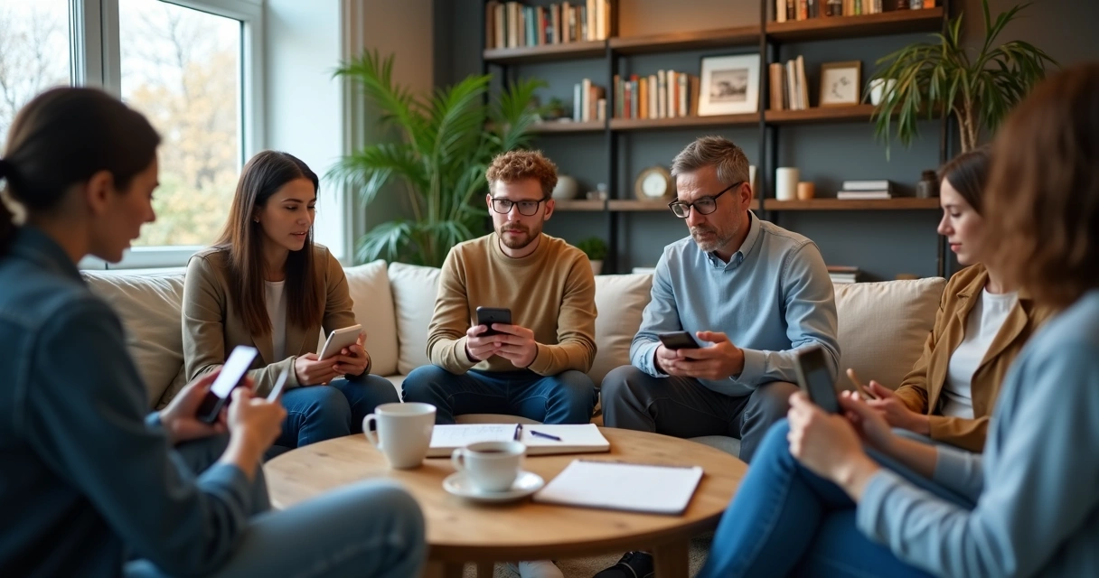 Pessoas reunidas olhando mensagens no celular 