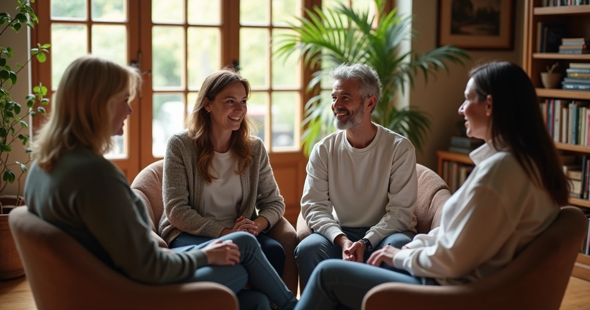 Grupo de pessoas conversando em círculo em ambiente acolhedor
