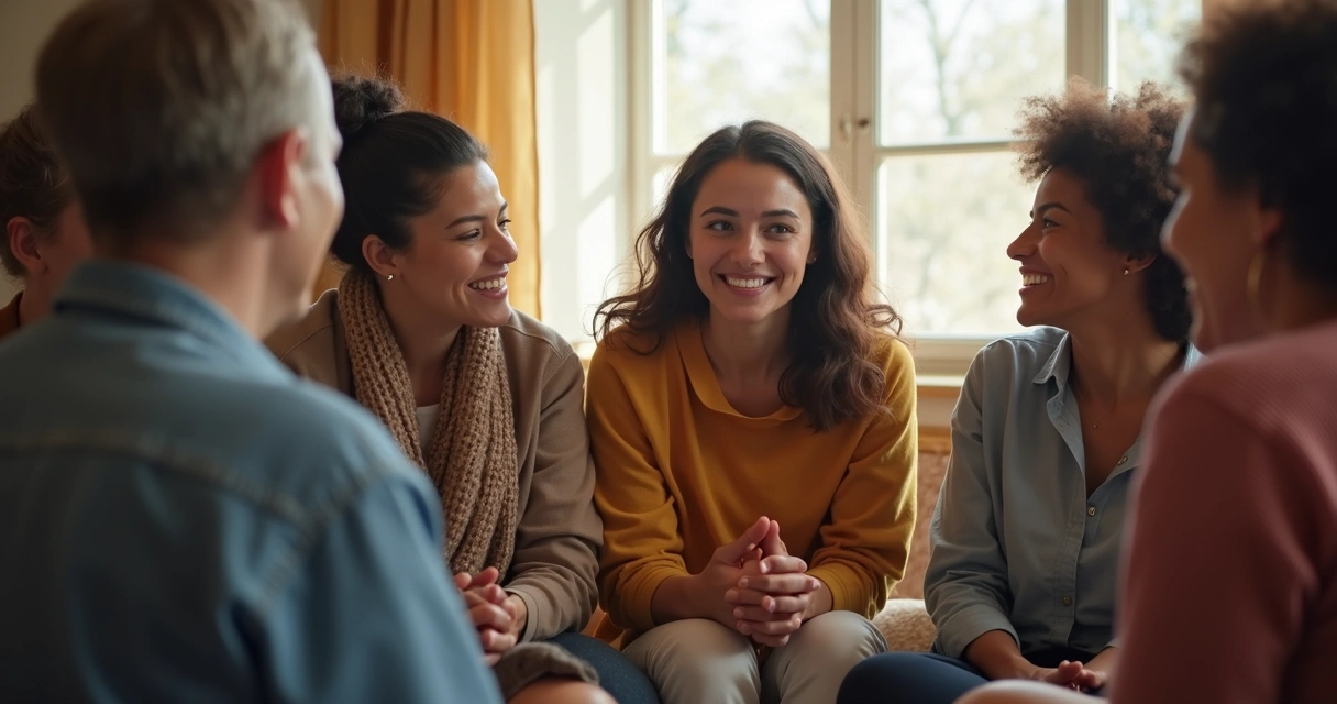 Grupo diverso de pessoas conversando com empatia, sentados formando um círculo em ambiente iluminado.
