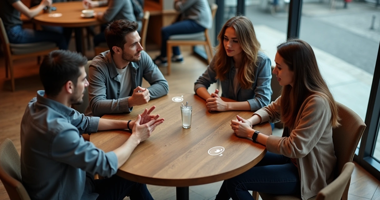 Grupo em conversa social visto de cima com ícones sutis de emoções ao redor 