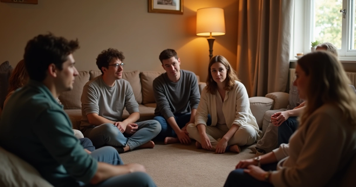 Grupo de pessoas conversando em roda, clima intimista e acolhedor 