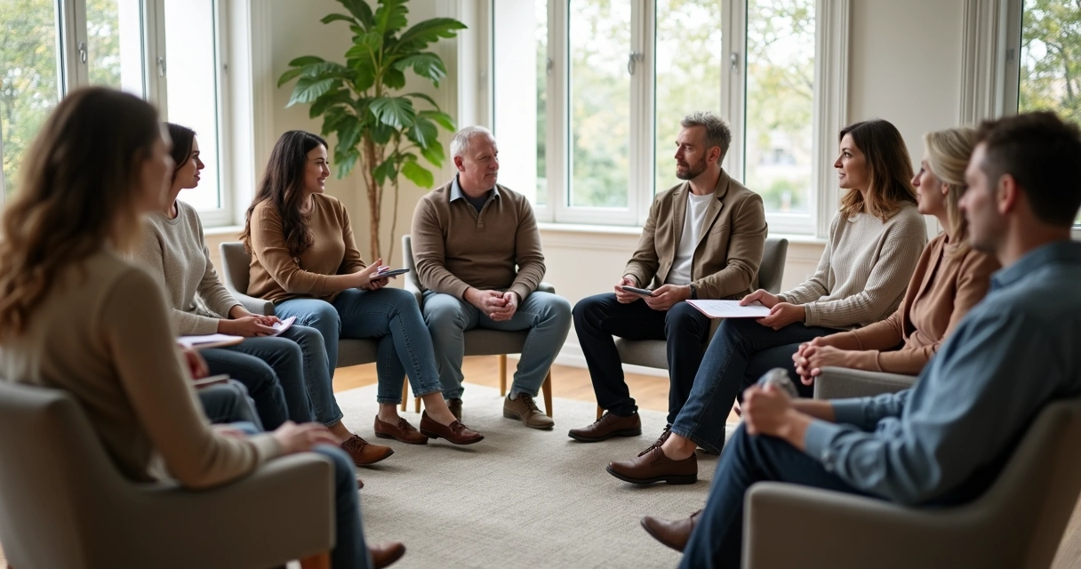 Grupo diverso sentado em círculo conversando de forma acolhedora 