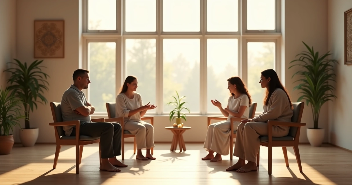 Grupo diverso em conversa tensa e acolhedora em templo moderno 
