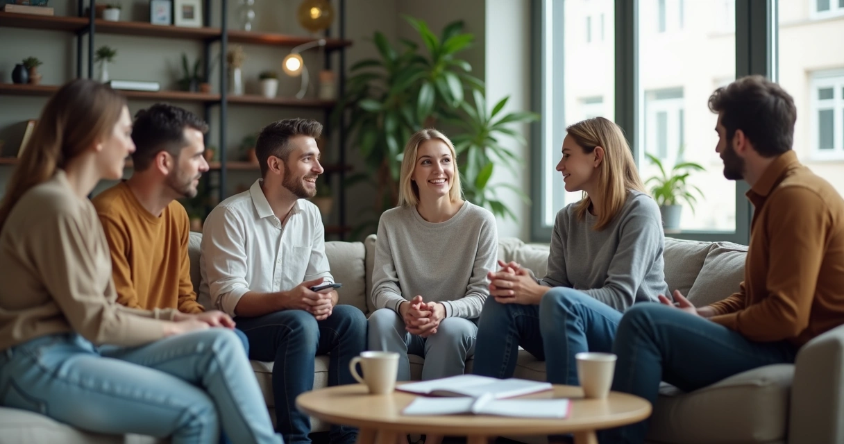 Grupo em conversa enquanto uma pessoa observa em silêncio 