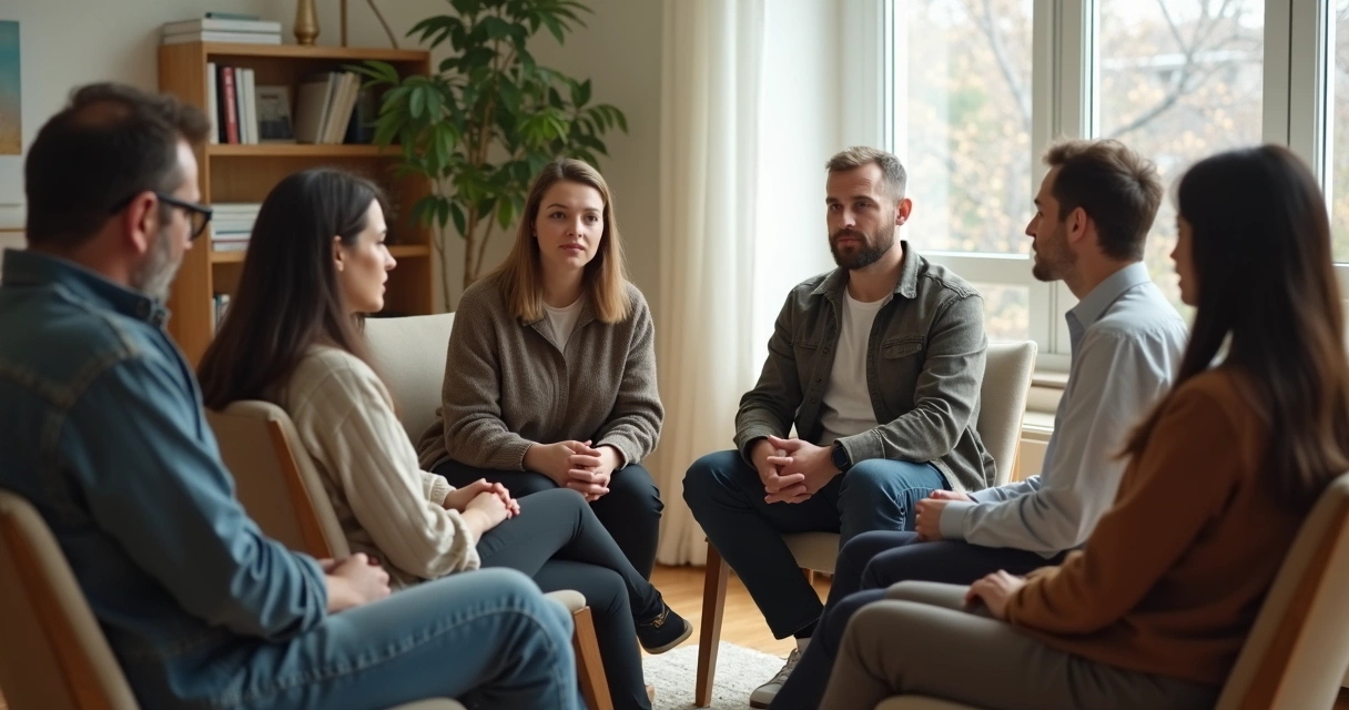 Grupo em roda com expressões contidas durante conversa séria 