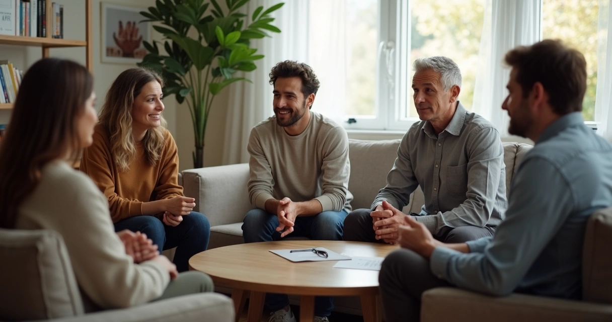 Grupo de amigos em conversa tensa numa sala 