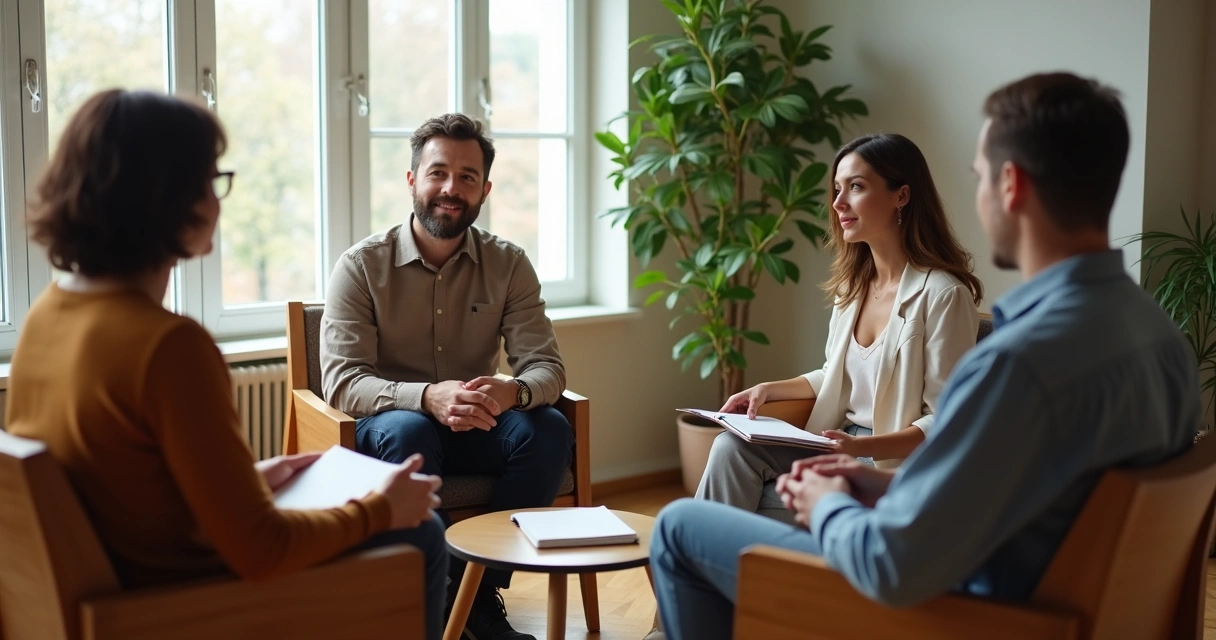 Grupo conversando con atención en un entorno sereno