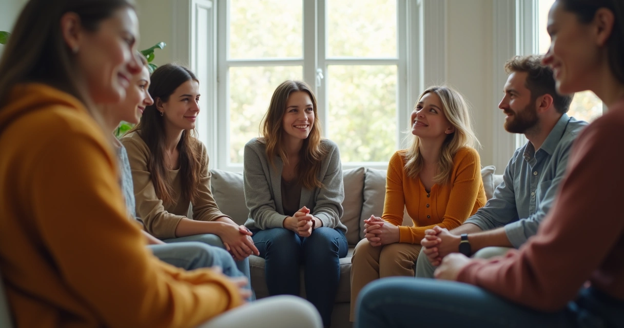Grupo de pessoas conversando em sala iluminada com expressão acolhedora. 