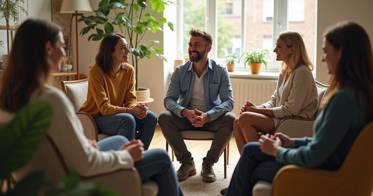 Grupo de personas conversando sentados en círculo, ambiente acogedor 