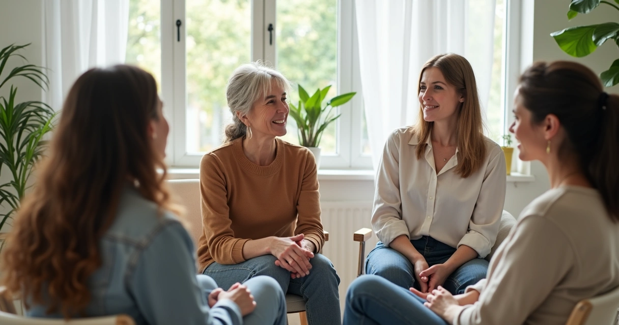 Grupo conversando calmamente em uma sala iluminada