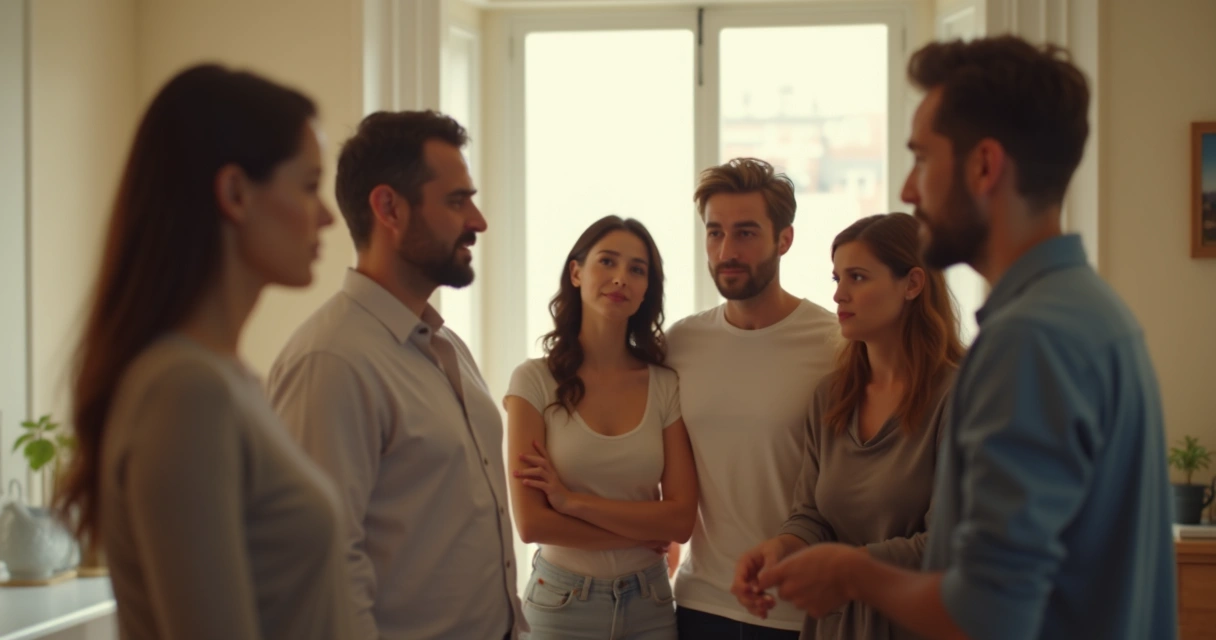 Grupo de pessoas conversando enquanto uma mulher se afasta cabisbaixa 