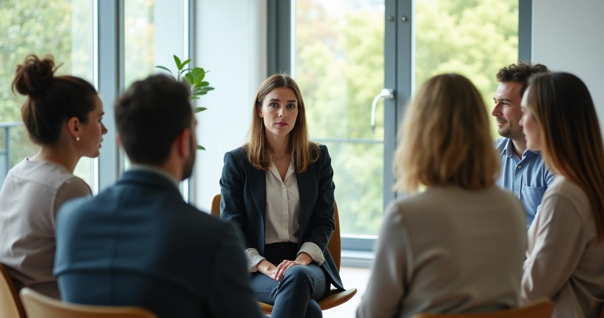Grupo de pessoas em círculo em sala de reunião, com uma pessoa em silêncio atento 