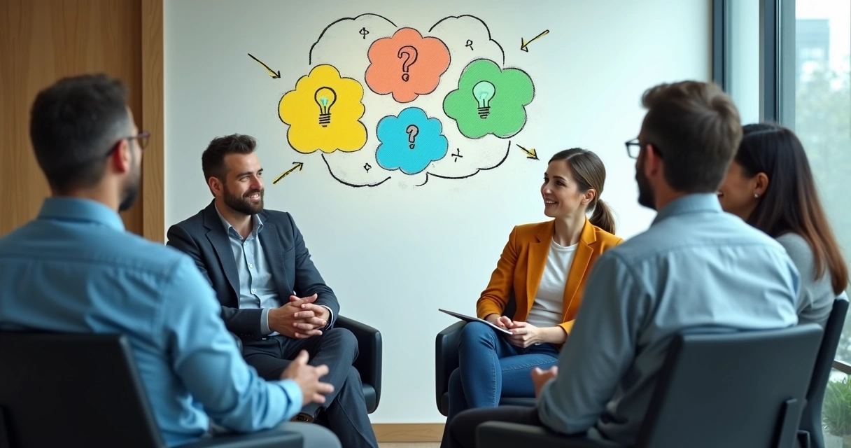 Grupo de pessoas conversando em círculo, compartilhando ideias no centro 