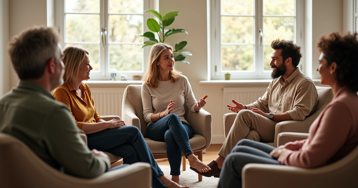Personas dialogando sentadas en círculo, mostrando comunicación y comprensión emocional 