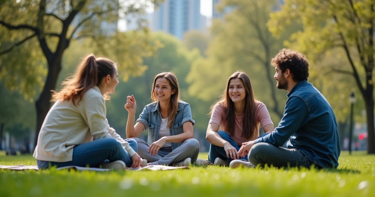Grupo de amigos conversando en un parque