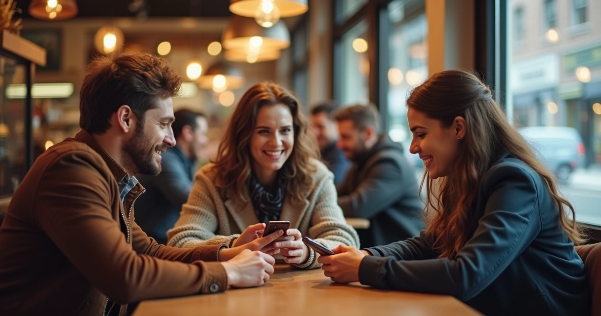 Grupo de pessoas conversando, celular de lado na mesa