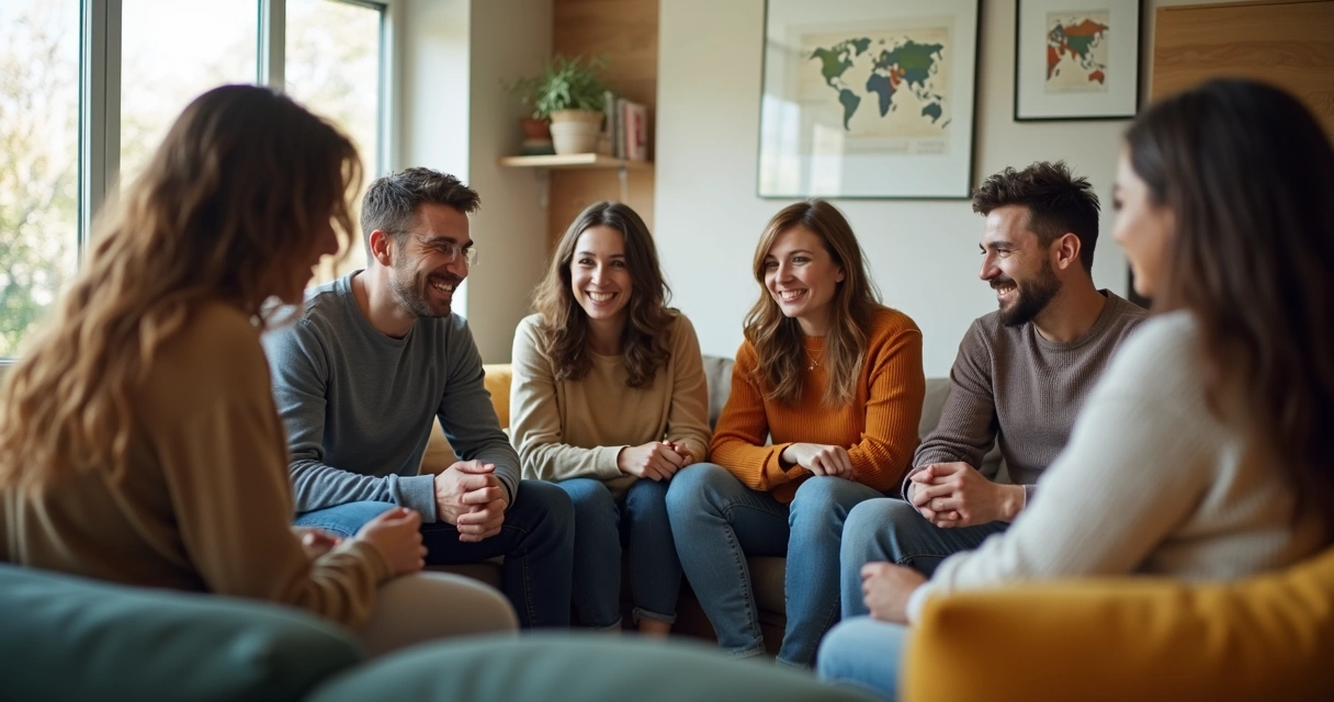 Grupo diverso de pessoas conversando em círculo, clima de confiança 