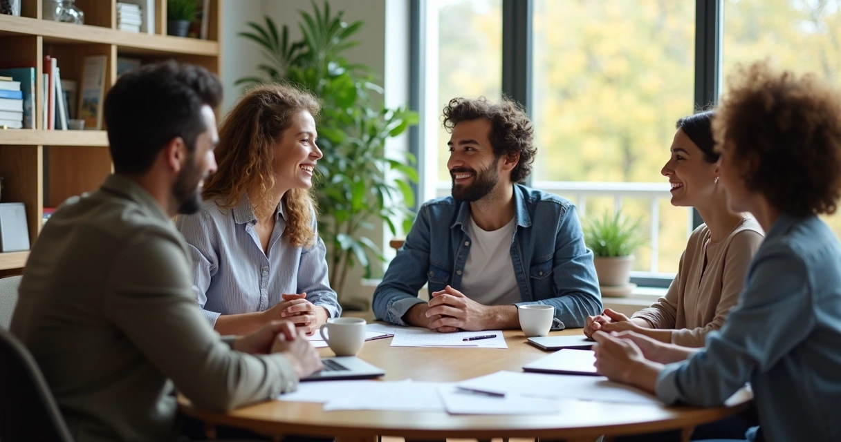Grupo de pessoas conversando em ambiente de trabalho com relações harmoniosas. 
