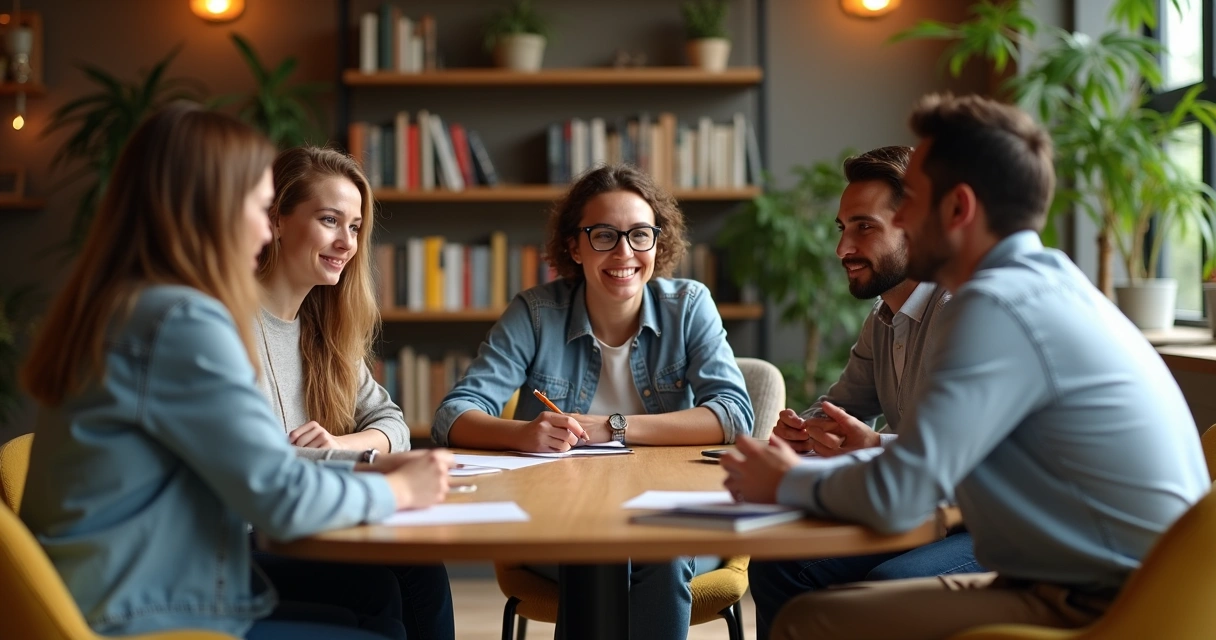 Grupo de pessoas reunidas conversando em ambiente descontraído 