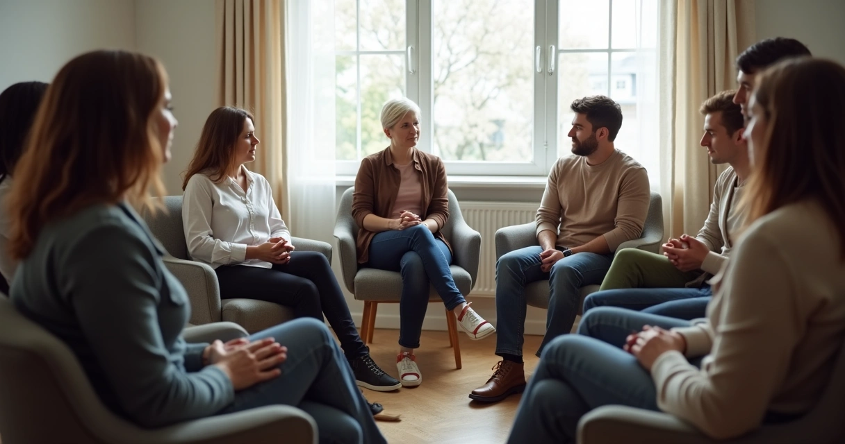 Grupo de pessoas sentadas conversando e fazendo pausa silenciosa 