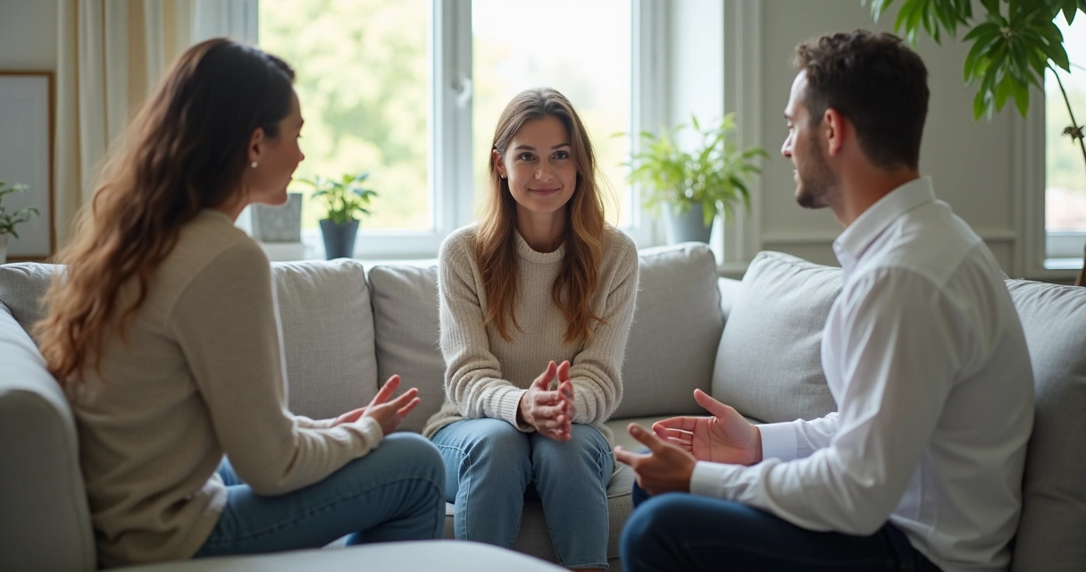 Três pessoas conversam tranquilamente, sentadas em um sofá cinza claro, ambiente suave e iluminado 