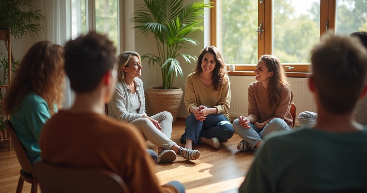 Grupo de pessoas em círculo conversando em ambiente acolhedor 