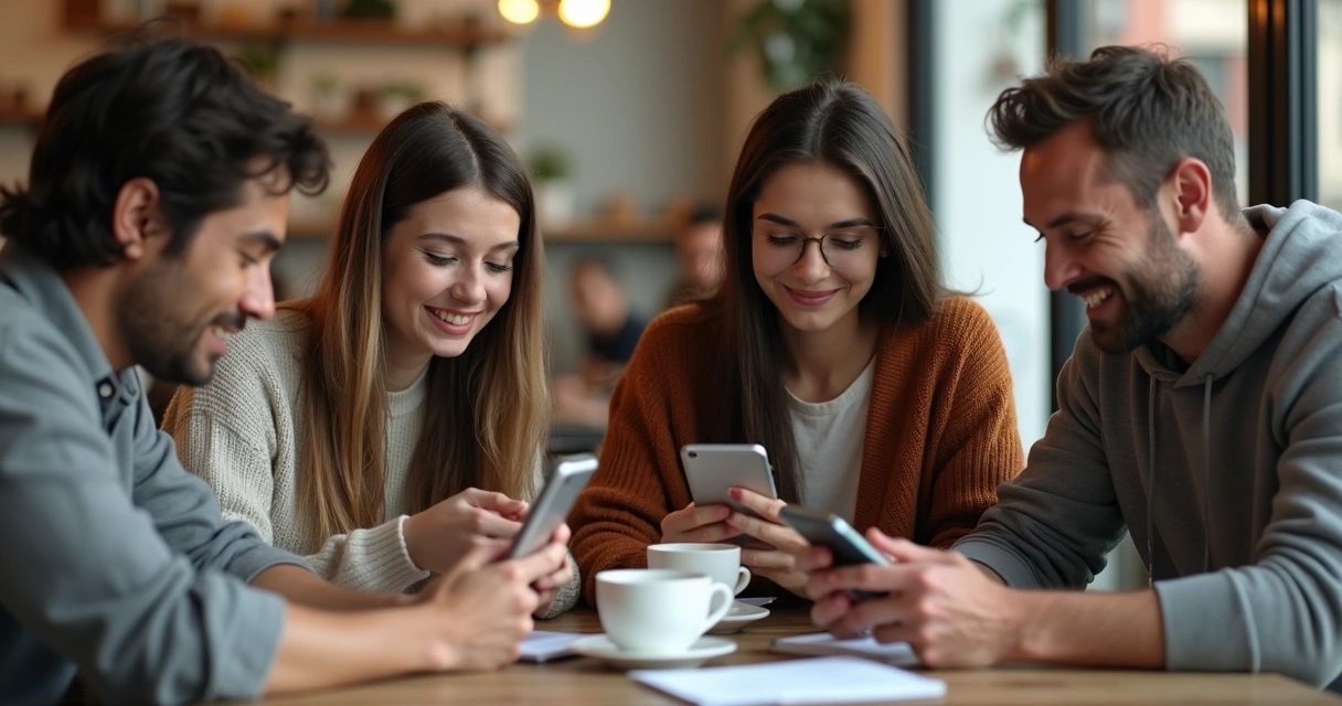 Grupo reunido olhando celular em mesa de café