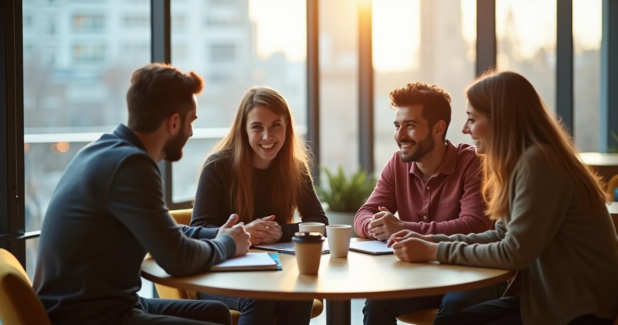 Grupo de estudantes conversando em sala de convivência universitária, ambiente claro e descontraído 