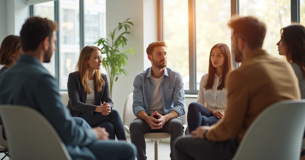 Pessoas em círculo em uma sala de reunião com expressões serenas 