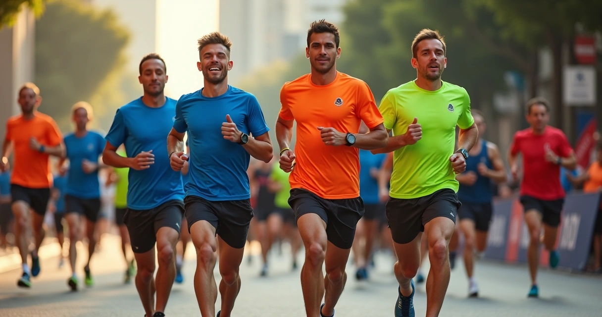 Grupo de corredores usando camisetas personalizadas coloridas em uma corrida de rua 
