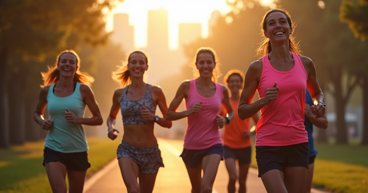 Grupo de corredores correndo juntos em parque ao amanhecer 
