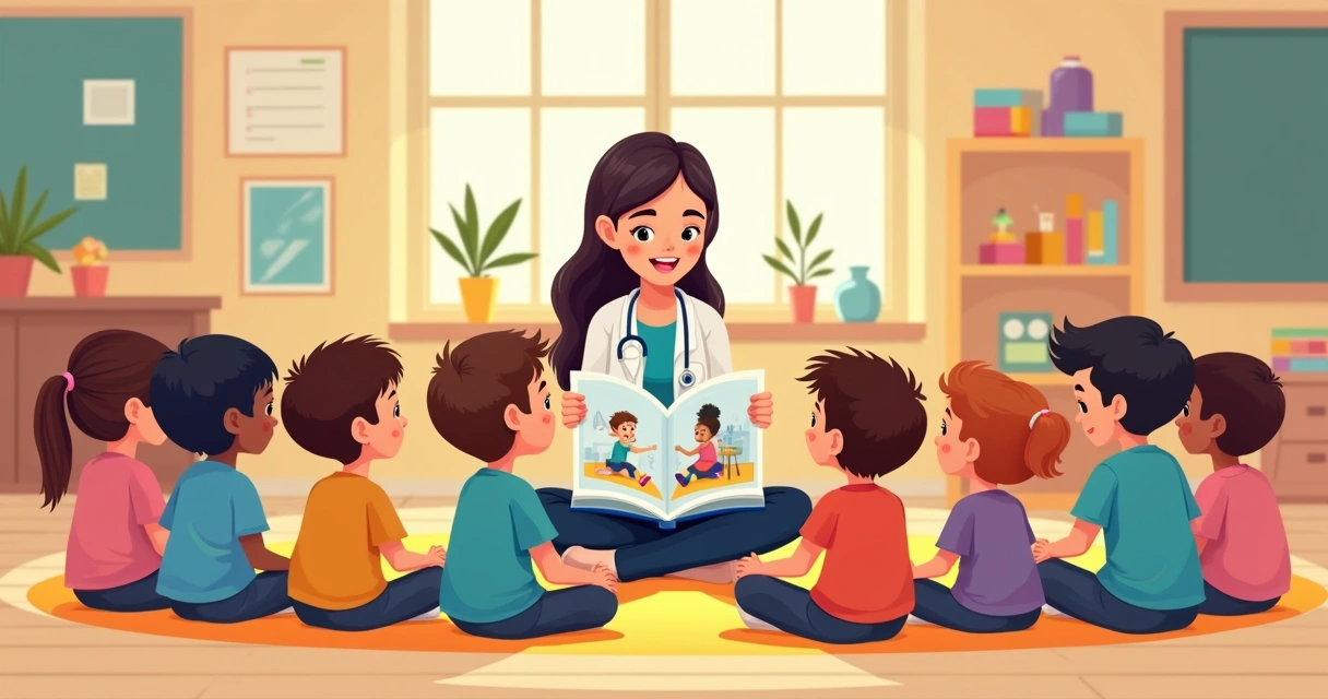 Grupo de crianças sentadas ouvindo história social ilustrada. 