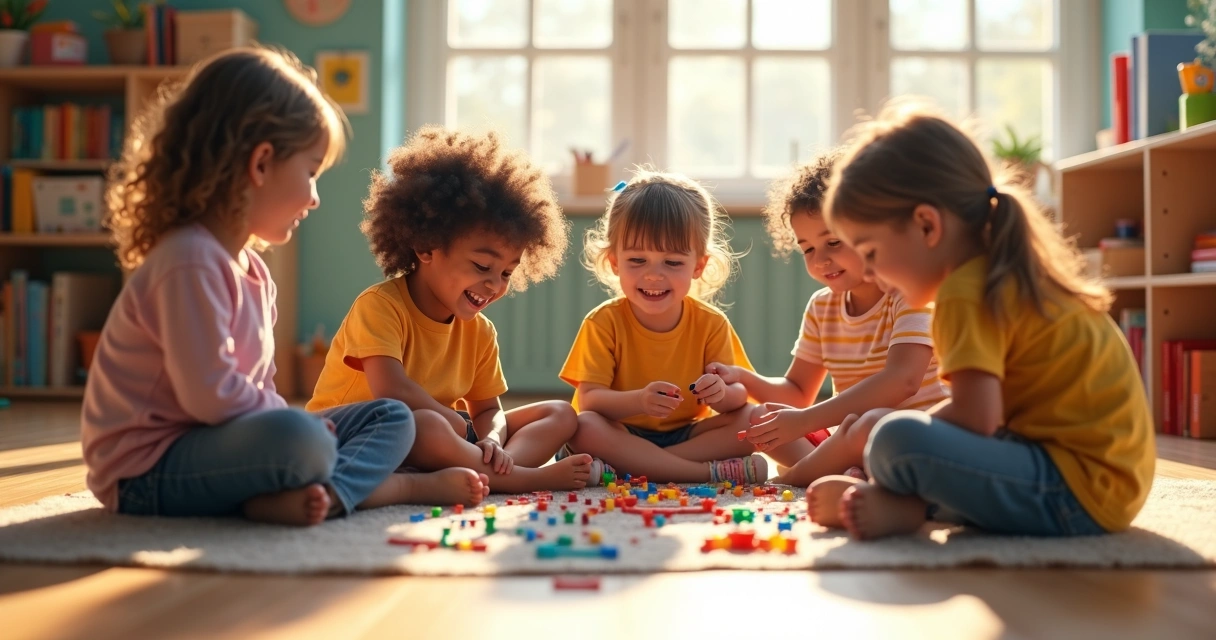 Grupo de crianças sentadas em roda, aprendendo juntas em sala de aula. 