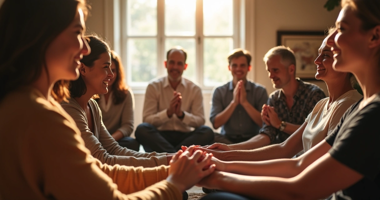 Grupo de cristãos reunidos em roda, sorrindo e orando 