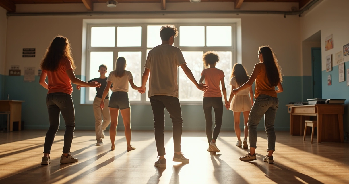 Grupo de jovens dançando em círculo em sala de aula 