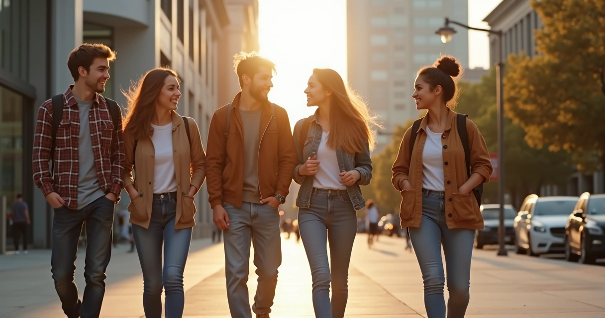 Grupo de adolescentes caminhando juntos ao ar livre, conversando 
